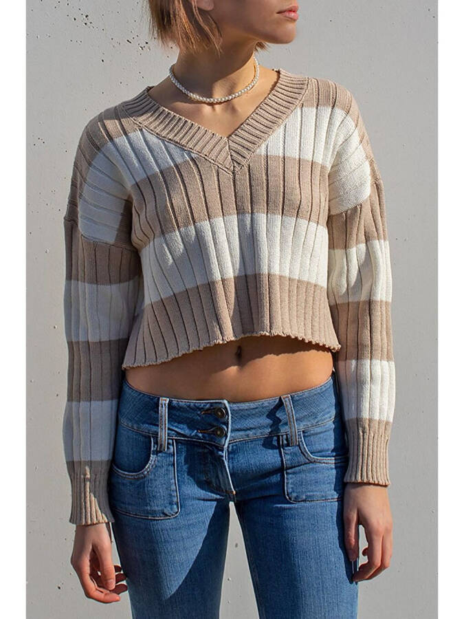 Beige V-Neck Striped Crop Women's Sweater MG1441 - 1