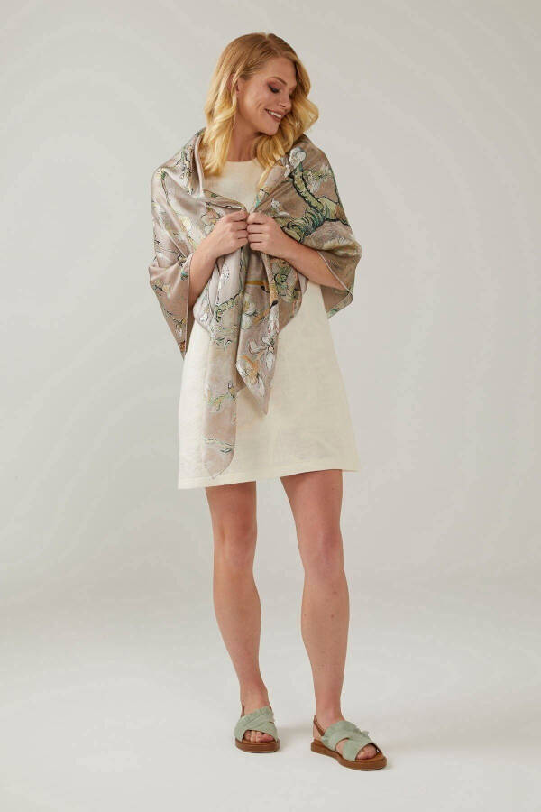 Beige Van Gogh Almond Blossoms 140x140 Square New Spring Summer Collection 100% Satin Silk Scarf - 2