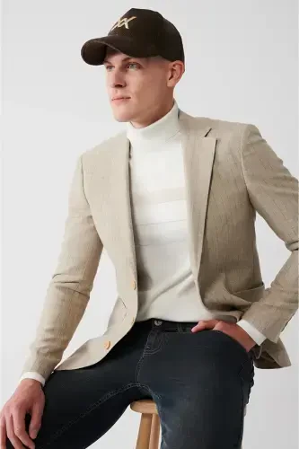 Beige wool, single breasted, lined, patch pocket, slim fit men's jacket. - AVVA (1)