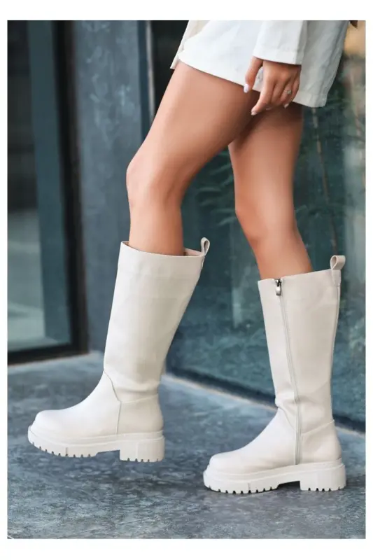 Beige, zippered, knee-high boots. - GENEL MARKALAR