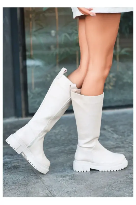 Beige, zippered, knee-high boots. - 2