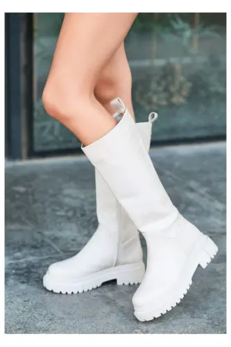 Beige, zippered, knee-high boots. - 3