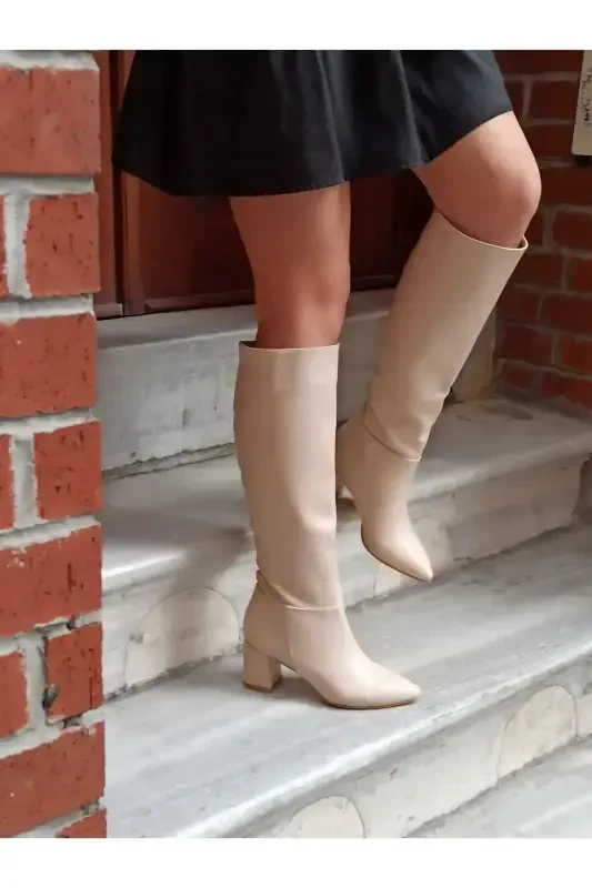 Beige, zipperless, knee-high heeled boots. - 3