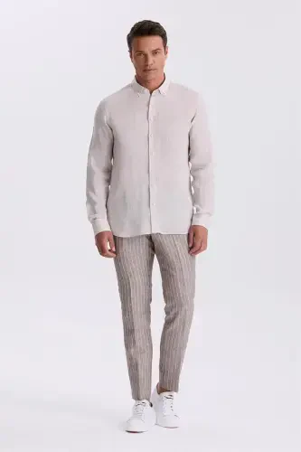 Bej %100 Keten Düğmeli Yaka Comfort Fit Gömlek - 2