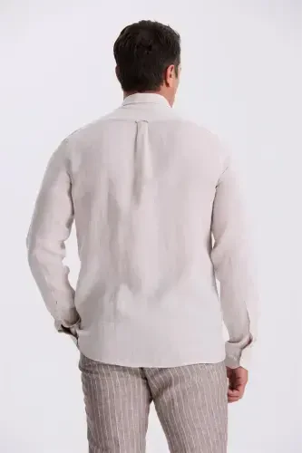 Bej %100 Keten Düğmeli Yaka Comfort Fit Gömlek - 4