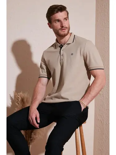 Bej %100 Pamuk Düğmeli Slim Fit Erkek Polo Yaka Tişört 5902118-Bej 