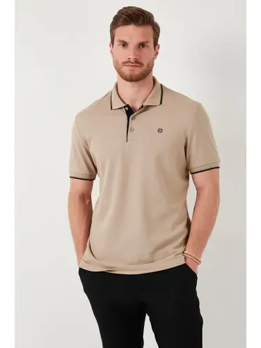 Bej %100 Pamuk Düğmeli Slim Fit Erkek Polo Yaka Tişört 5902118-Bej - 3