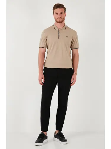 Bej %100 Pamuk Düğmeli Slim Fit Erkek Polo Yaka Tişört 5902118-Bej - 4