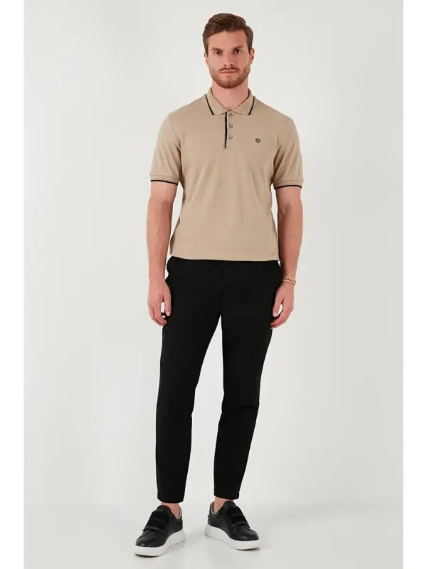 Bej %100 Pamuk Düğmeli Slim Fit Erkek Polo Yaka Tişört 5902118-Bej - 4
