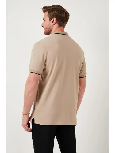 Bej %100 Pamuk Düğmeli Slim Fit Erkek Polo Yaka Tişört 5902118-Bej - 5