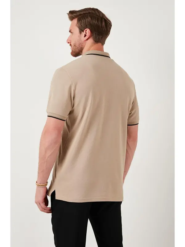 Bej %100 Pamuk Düğmeli Slim Fit Erkek Polo Yaka Tişört 5902118-Bej - 5