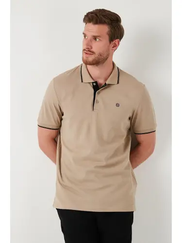 Bej %100 Pamuk Düğmeli Slim Fit Erkek Polo Yaka Tişört 5902118-Bej - 6