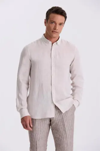 Bej %100 zigʻir tugmali yoqa Comfort Fit koʻylak 