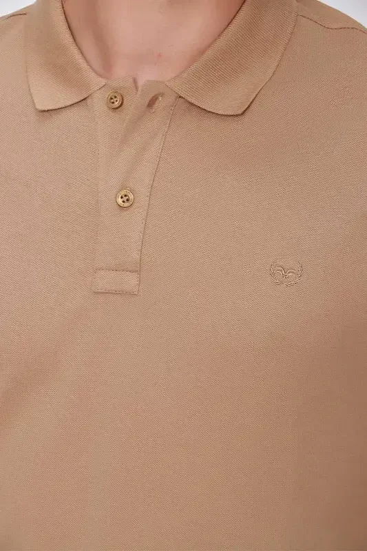 Bej Basic Düz %100 Pamuk Slim Fit Dar Kesim Kısa Kollu Polo Yaka Erkek Tişört - 5