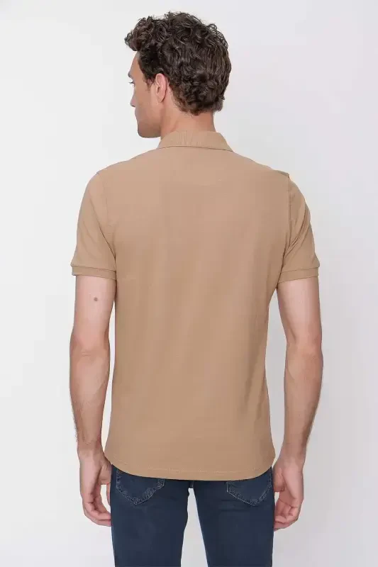 Bej Basic Düz %100 Pamuk Slim Fit Dar Kesim Kısa Kollu Polo Yaka Erkek Tişört - 6