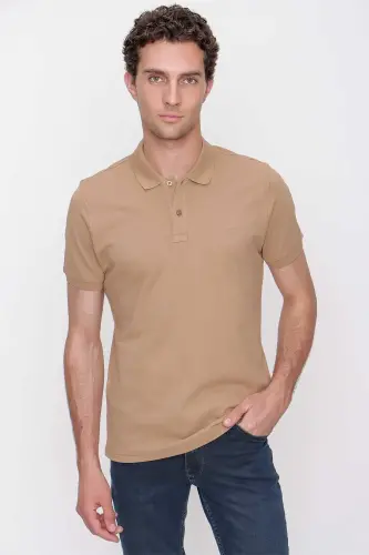 Bej Basic Düz %100 Pamuk Slim Fit Dar Kesim Kısa Kollu Polo Yaka Erkek Tişört - MORVEN (1)