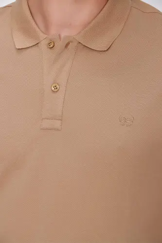 Bej Basic Düz %100 Pamuk Slim Fit Dar Kesim Kısa Kollu Polo Yaka Erkek Tişört - 5