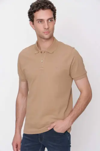 Bej Basic Düz %100 Pamuk Slim Fit Dar Kesim Kısa Kollu Polo Yaka Erkek Tişört 