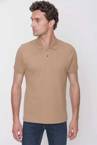 Bej Basic Oddiy %100 Paxta Slim Fit Tor Bichilgan Qisqa Yengli Polo Yoqali Erkaklar Futbolkasi - 3