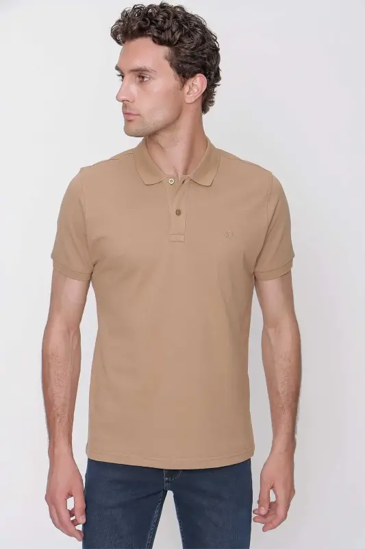 Bej Basic Oddiy %100 Paxta Slim Fit Tor Bichilgan Qisqa Yengli Polo Yoqali Erkaklar Futbolkasi - 3