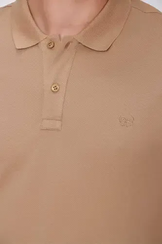 Bej Basic tekis 100% paxta Slim Fit tor kesimli qisqa yengli polo yoqali erkaklar futbolkasi - 5