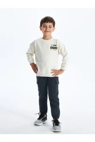 Bej Bisiklet Yaka Kalin Baskılı Erkak Bola Sweatshirt-Bej - 1