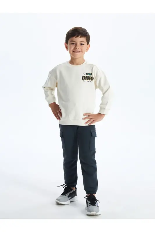 Bej Bisiklet Yaka Kalın Baskılı Erkek Çocuk Sweatshirt - Bej - LC WAIKIKI