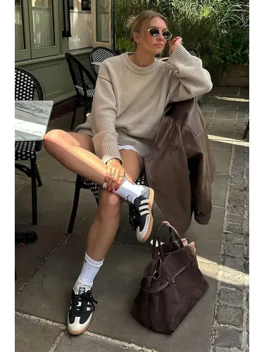 Bej Bisiklet Yaka Oversize Triko Kazak Mg1972-Bej - 2