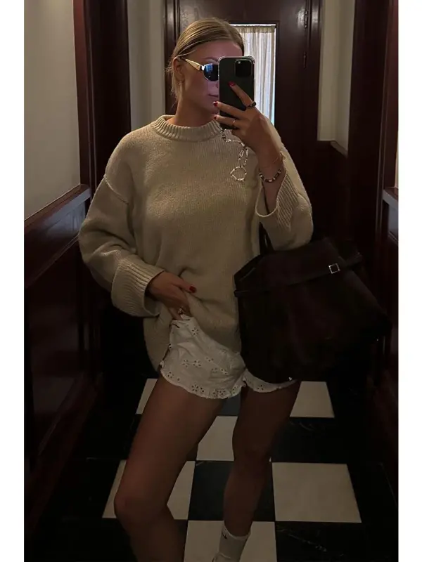 Bej Bisiklet Yaka Oversize Triko Kazak Mg1972-Bej - 4