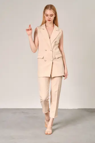 Bej Blazer Yelek Boru Paça Pantolon Atlas Kumaş Takım Elbise - Bej 