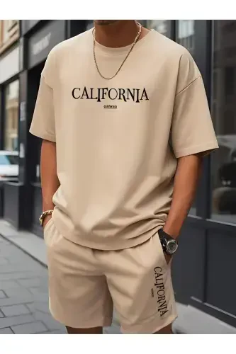 Bej California Baskılı Alt Ust Şortlu Oversize Takım-Bej - 4