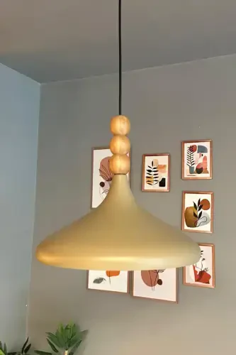 Bej Champion Ahşap Boncuklu Tekli Avize Sarkıt Salon Mutfak Butik Lamba Aydınlatma Avizeler-Bej - 3