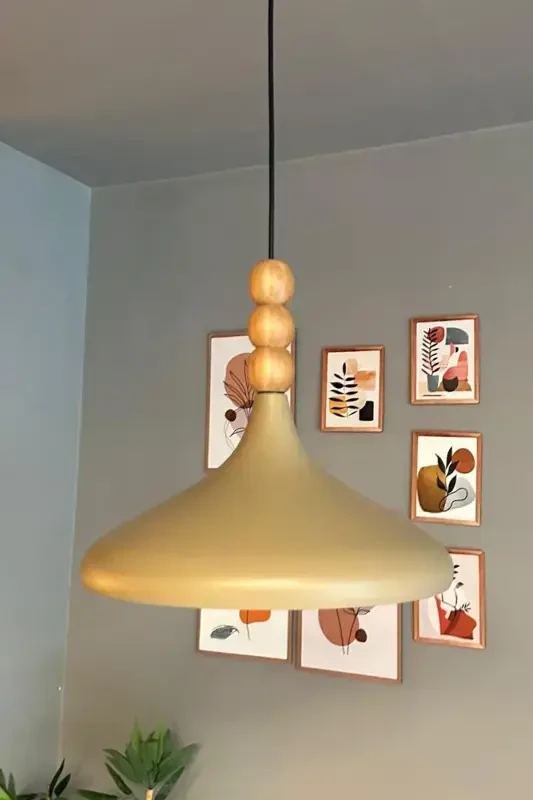 Bej Champion Ahşap Boncuklu Tekli Avize Sarkıt Salon Mutfak Butik Lamba Aydınlatma Avizeler-Bej - 3