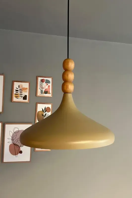 Bej Champion Ahşap Boncuklu Tekli Avize Sarkıt Salon Mutfak Butik Lamba Aydınlatma Avizeler-Bej - 4