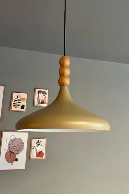 Bej Champion Ahşap Boncuklu Tekli Avize Sarkıt Salon Mutfak Butik Lamba Aydınlatma Avizeler-Bej - 5