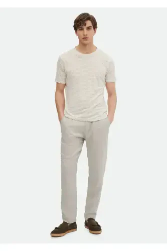 Bej Çizgili Bisiklet Yaka %100 Keten T-Shirt - RAMSEY (1)