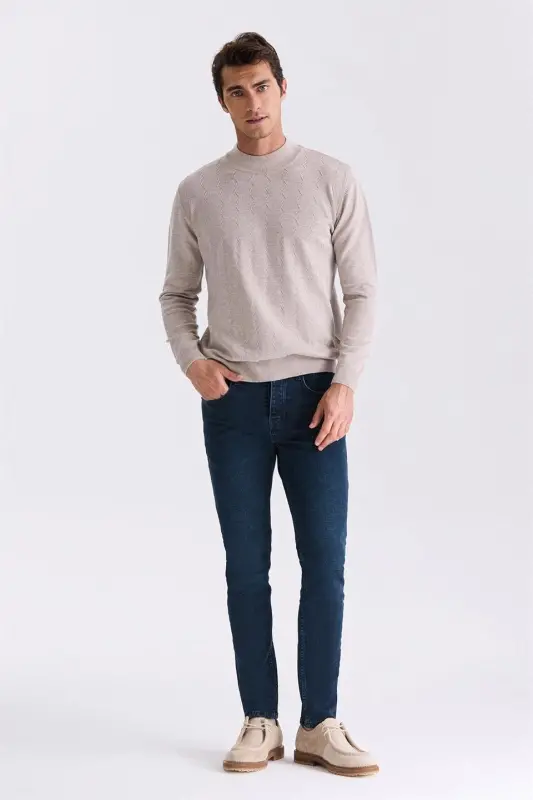Bej Classic Fit Desenli Yarım Balıkçı Yaka Triko Kazak - 2