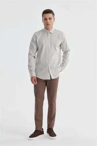 Bej Comfort Fit %100 Pamuk Piti Kare Gömlek - 1