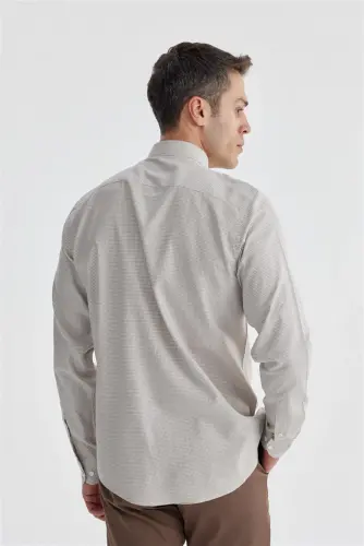 Bej Comfort Fit %100 Pamuk Piti Kare Gömlek - 4
