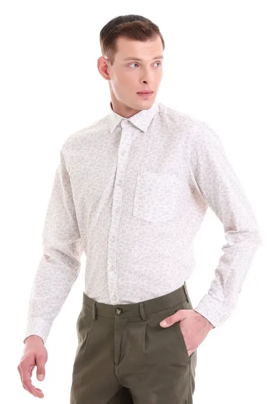 Bej Comfort Fit Baskılı 100% Pamuklu Slim Yaka Uzun Kollu Klasik Gömlek - Bej - 3
