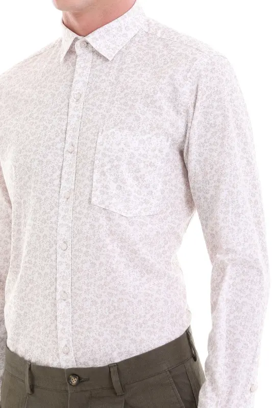 Bej Comfort Fit Baskılı 100% Pamuklu Slim Yaka Uzun Kollu Klasik Gömlek - Bej - 5