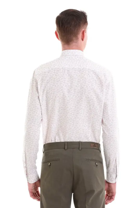 Bej Comfort Fit Baskılı 100% Pamuklu Slim Yaka Uzun Kollu Klasik Gömlek - Bej - 6