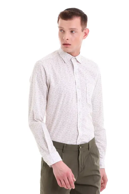 Bej Comfort Fit Baskılı 100% Pamuklu Slim Yaka Uzun Kollu Klasik Gömlek-Bej - 4