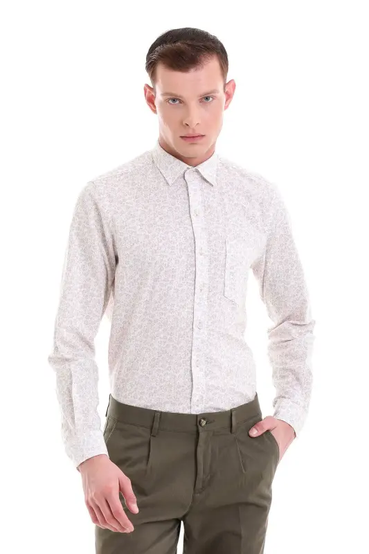 Bej Comfort Fit Baskılı 100% Pamuklu Slim Yaka Uzun Kollu Klasik Gömlek-Bej - 1