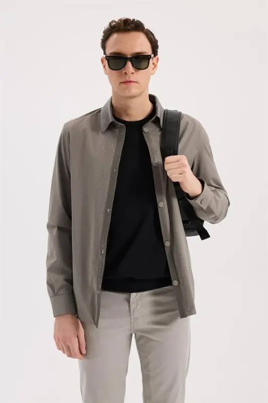 Bej Comfort Fit Bebe Yaka Hakiki Deri Detaylı Mevsimlik Spor Mont - JAKAMEN