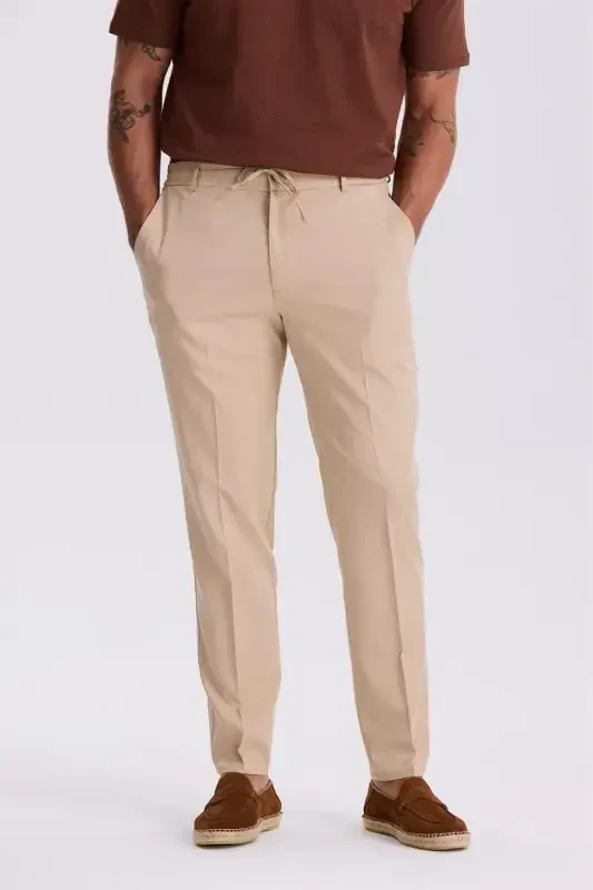 Bej Comfort Fit Beli Rezinkali Qulay Kesimli Jogger Shim - 1