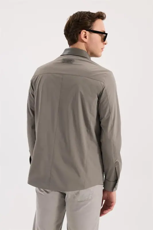 Bej Comfort Fit Bol Yoqa Haqiqiy Teri Tafsilotli Mavsumiy Sport Kurtka - 4