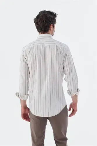 Bej Comfort Fit Çizgili Pamuklu Keten Gömlek - 4
