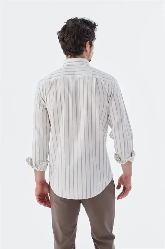 Bej Comfort Fit Çizgili Pamuklu Keten Gömlek - 4