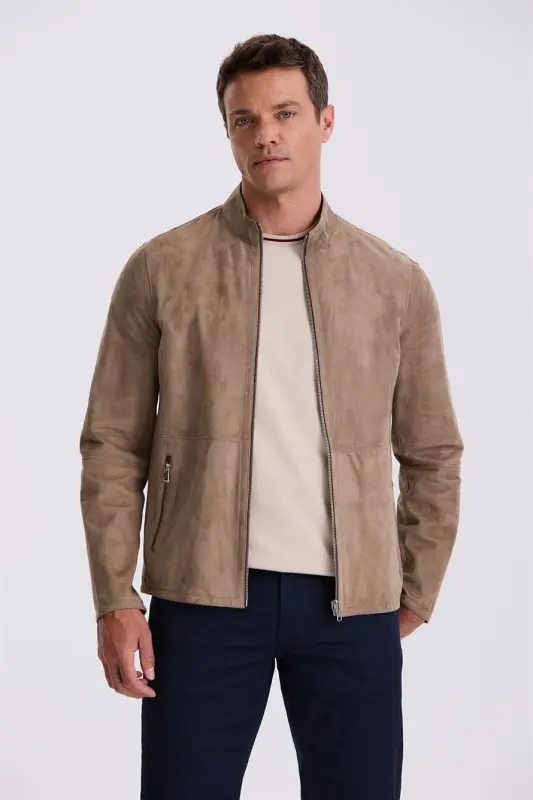 Bej Comfort Fit Dik Yaka Çift Taraflı %100 Deri Mont - 2